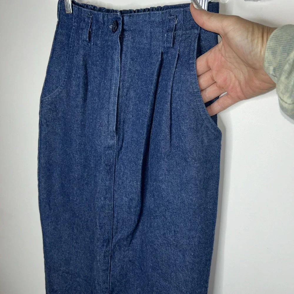 Suburban Petites VTG 80s Denim Skirt Sz 6 P Maxi Pencil Pockets Pleated Blue USA